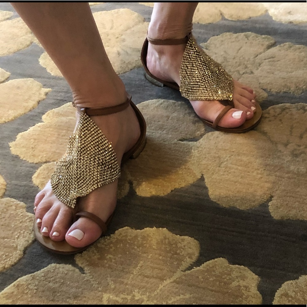 Gold Beaded Women's T-Strap Sandals